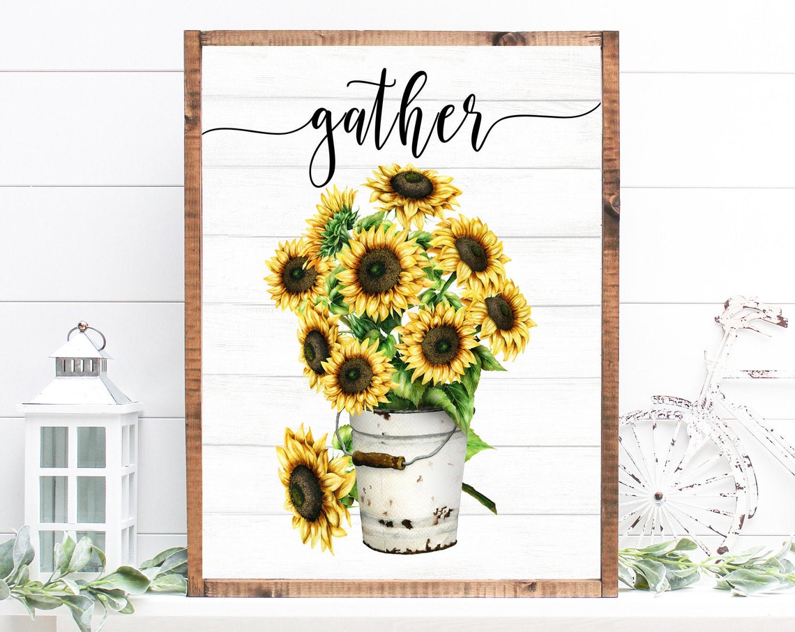 Gather Script Sunflowers in White Enamel Bucket Watercolor Sign Poster