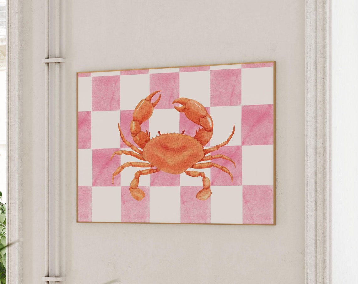 Orange Crab Pink White Checkerboard Coastal Watercolor Wall Art