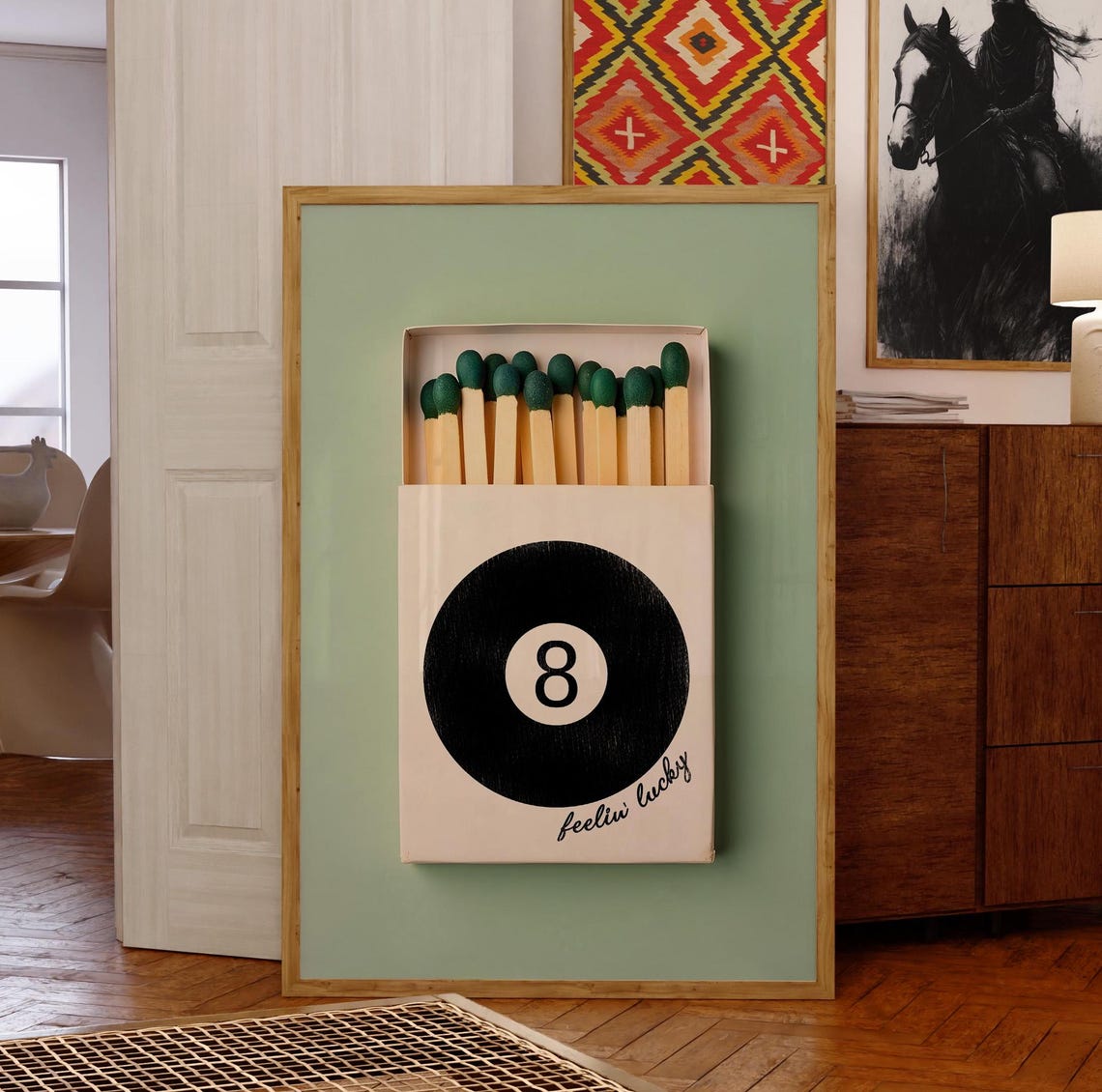 Feelin Lucky 8 Ball Matchbox Sage Green Vintage Western Wall Art