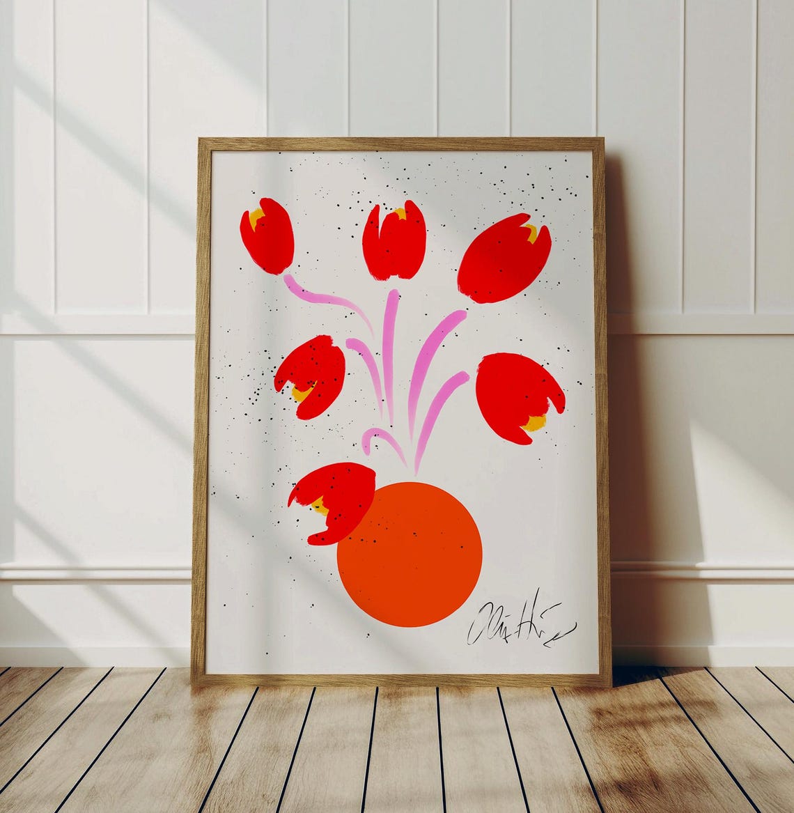 Red Tulips In Orange Vase Mid Century Modern Botanical Wall Art
