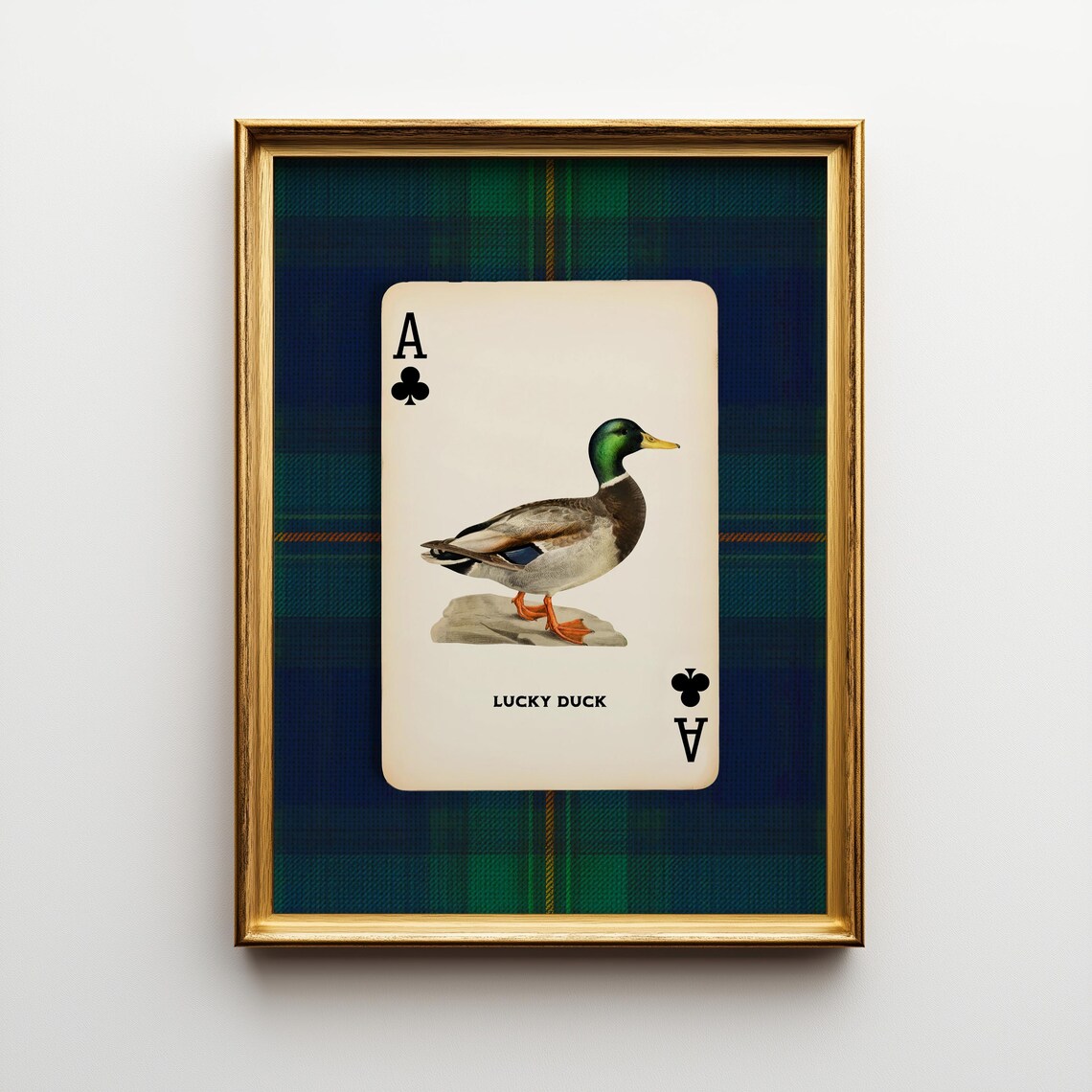 Mallard Duck Playing Card Art Print, Preppy Plaid