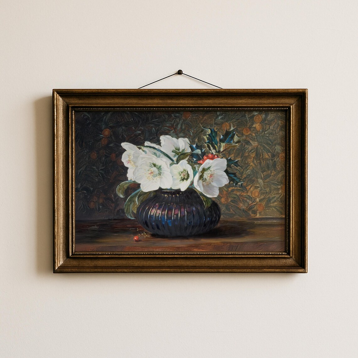 White Christmas Roses in Dark Vase Still Life Painting Poster