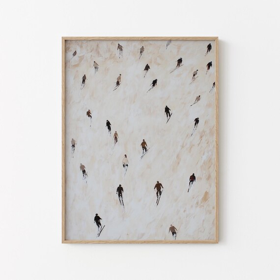 Skiers Descending Powdery Slopes Aerial Minimalist Winter Painting Poster