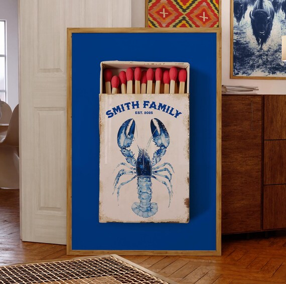 Coastal Pantry Sign Personalized Matchbook Lobster Print Custom Mothers Day Gift For Mom Chinoiserie Indigo Blue White East Coast Art