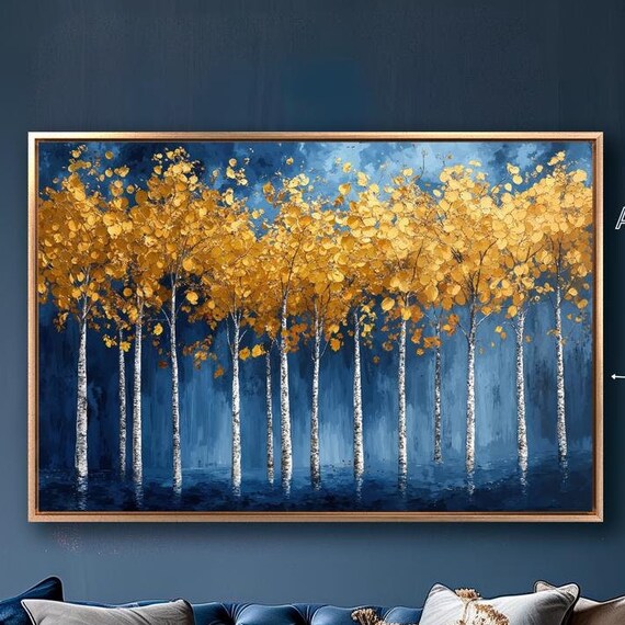 Golden Birch Trees Framed Wall Art Abstract Forest Painting Print Tranquil Wall Decor Serene Nature Landscape Poster Ready To Hang