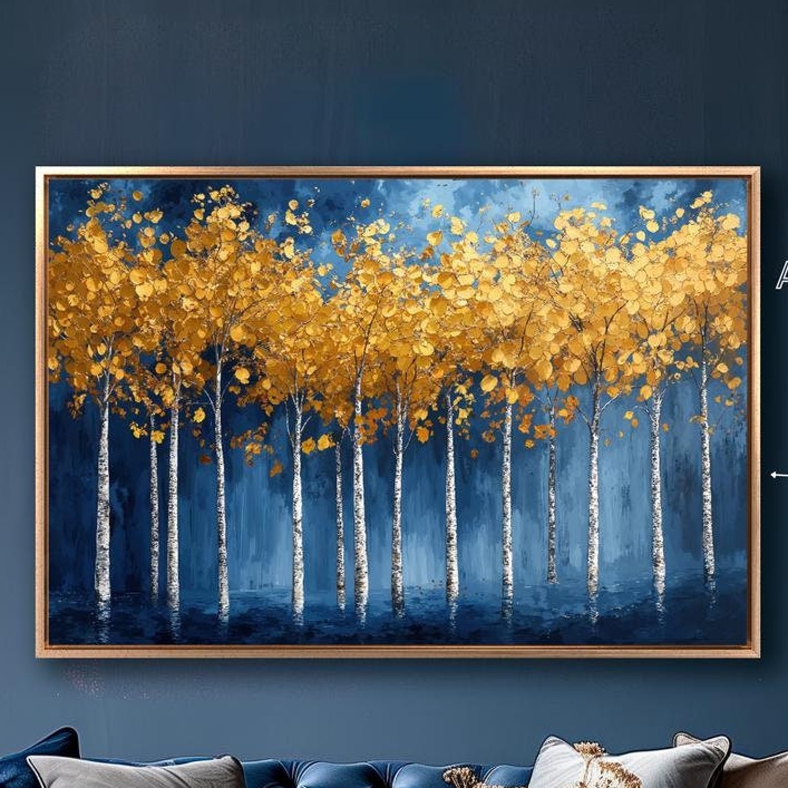 Golden Birch Trees Row Against Deep Blue Night Forest Poster