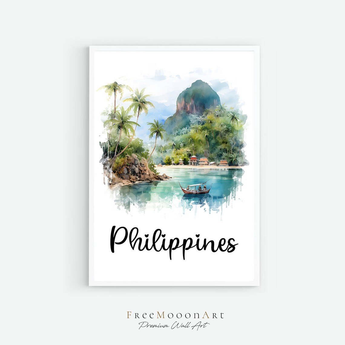 Philippines Tropical Island Watercolor Travel Poster Beach Scene