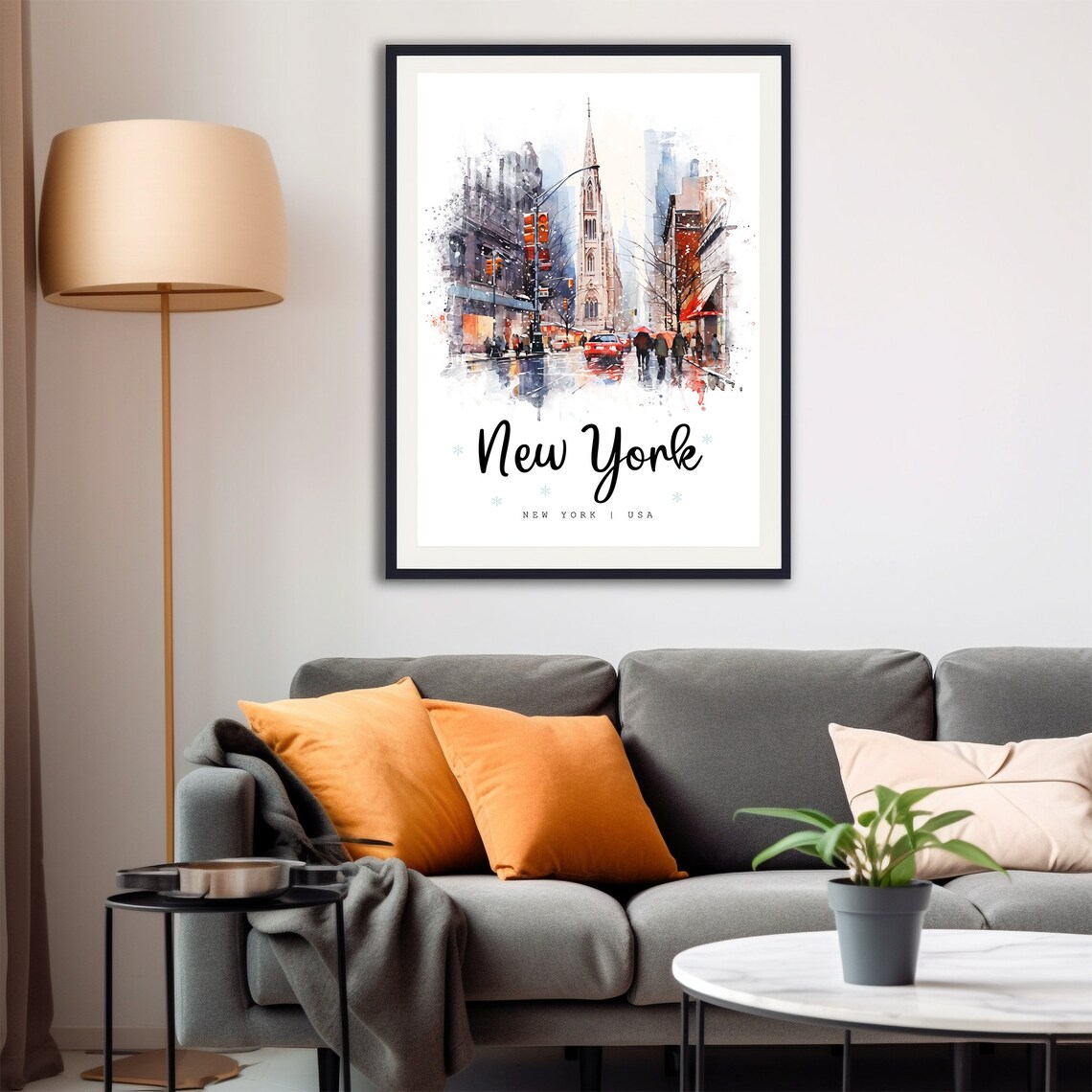 New York Winter Street Watercolor Church Steeple Travel Poster - Image 4