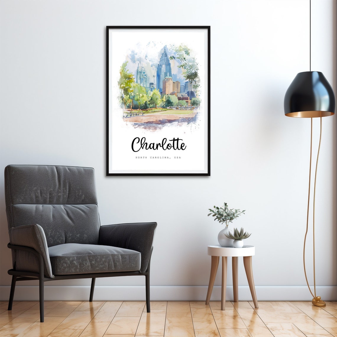 Charlotte North Carolina Downtown Skyline Watercolor Travel Poster - Image 4