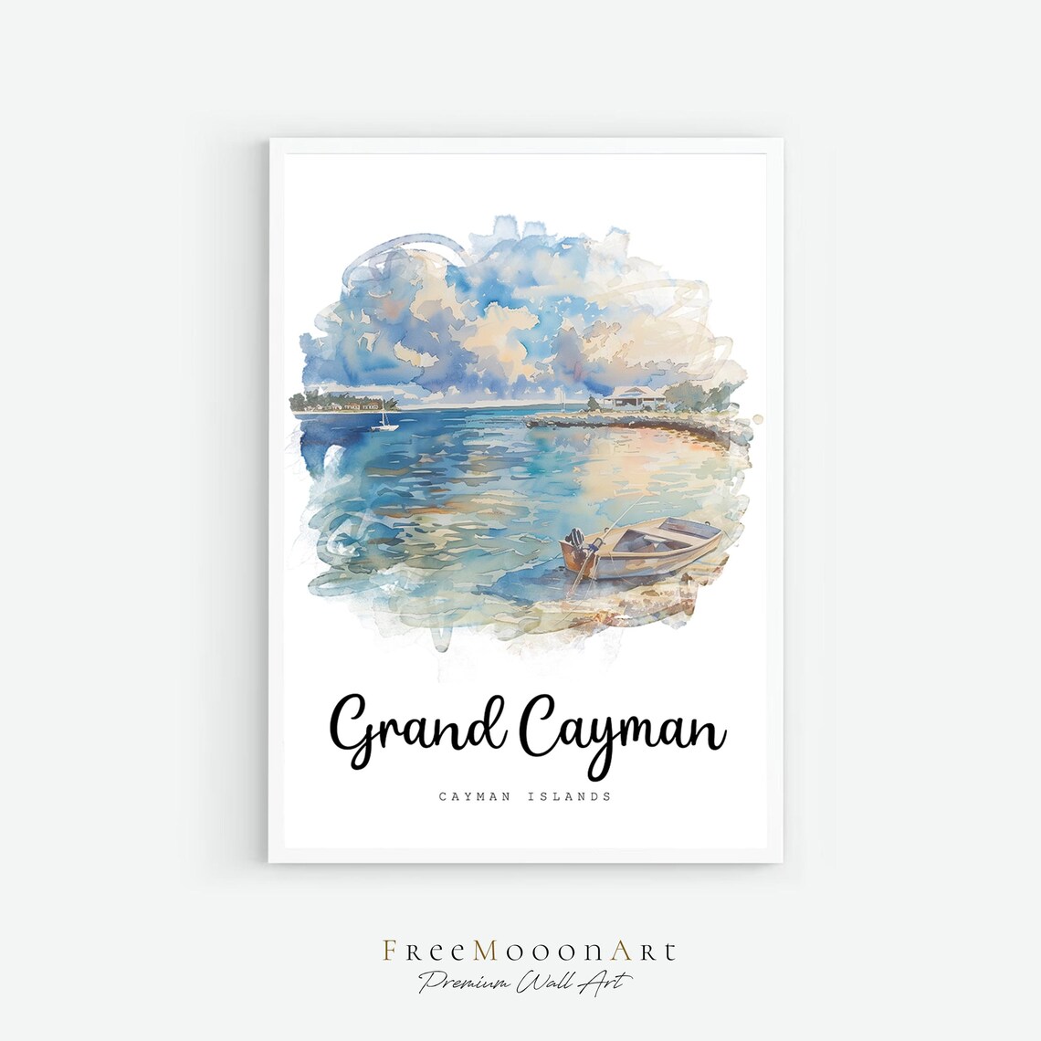 Grand Cayman Sunset Watercolor Travel Poster Boat on Calm Tropical Sea