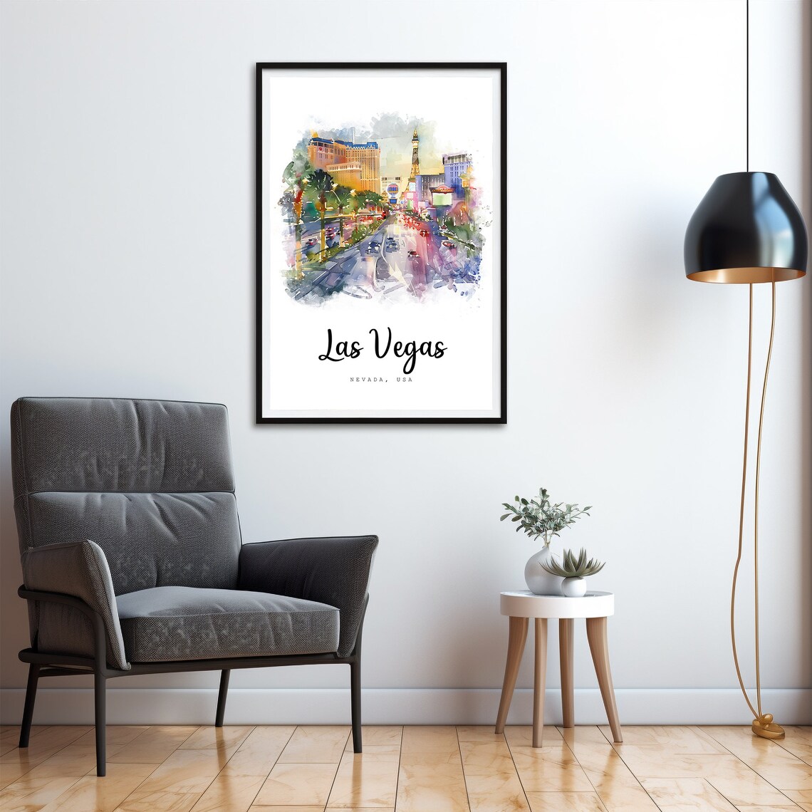 Las Vegas Nevada Strip Night Lights Watercolor Travel Poster - Image 4