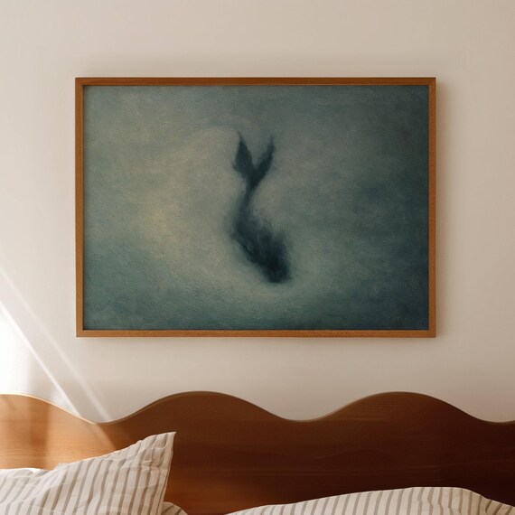 Minimalist Abstract Mermaid Oil Painting Print Horizontal Above Bed Wall Art Hand Drawn Mid Century Modern Textured Coastal Ocean Poster