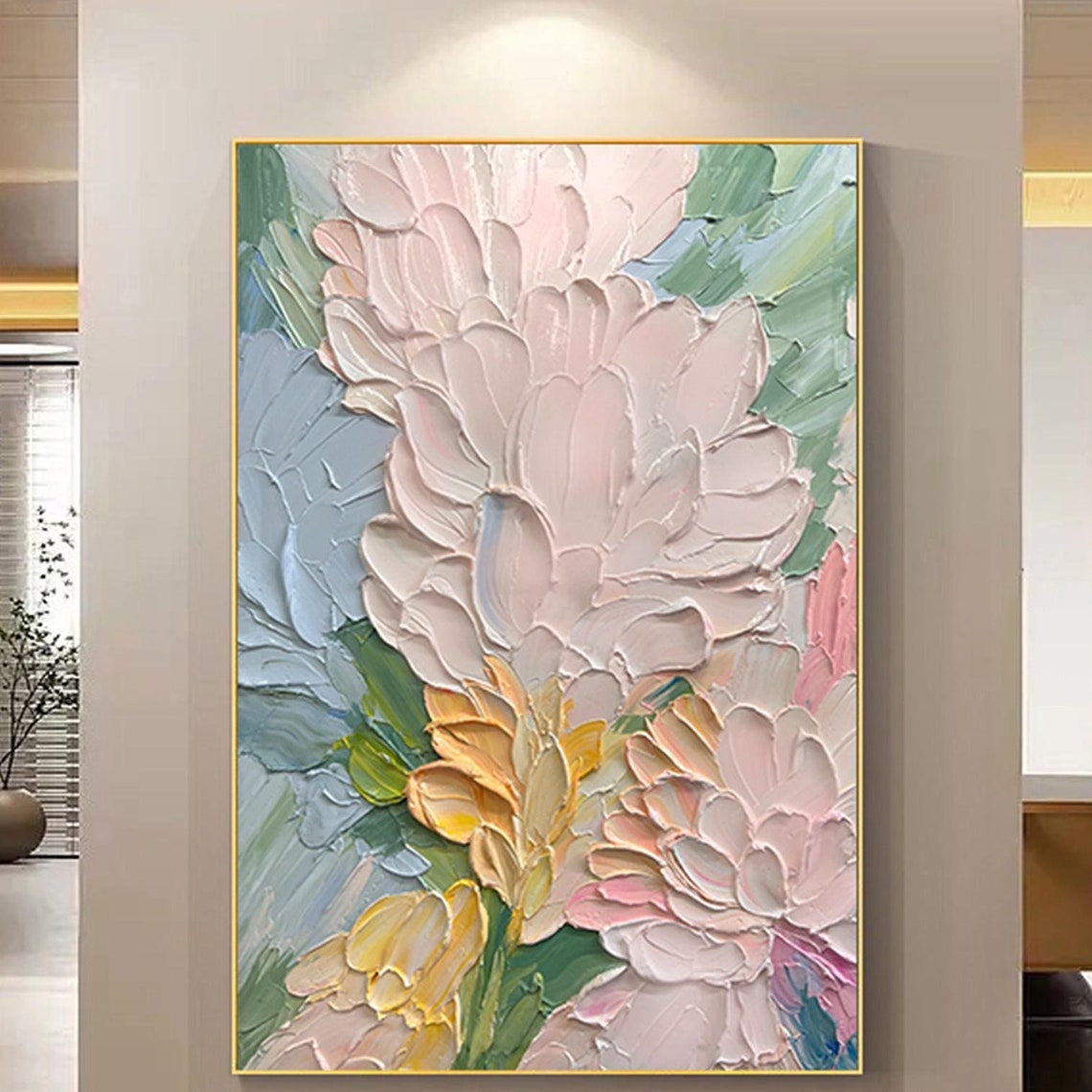 Tall White Pink Flower Teal Yellow Splash Vertical Statement Wall Art