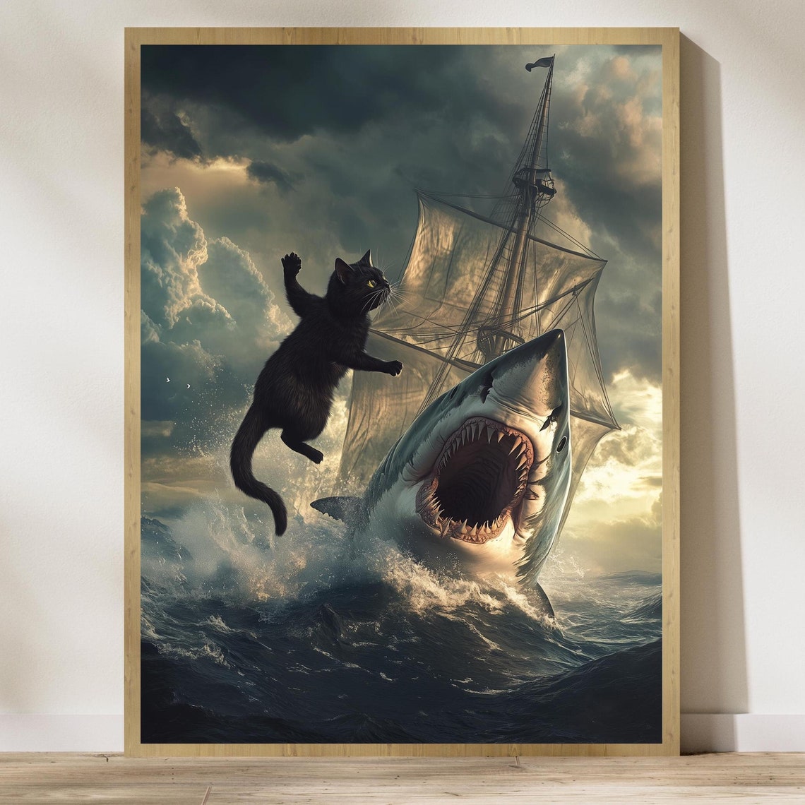 Black Cat in a Sea Battle With Shark Art Print