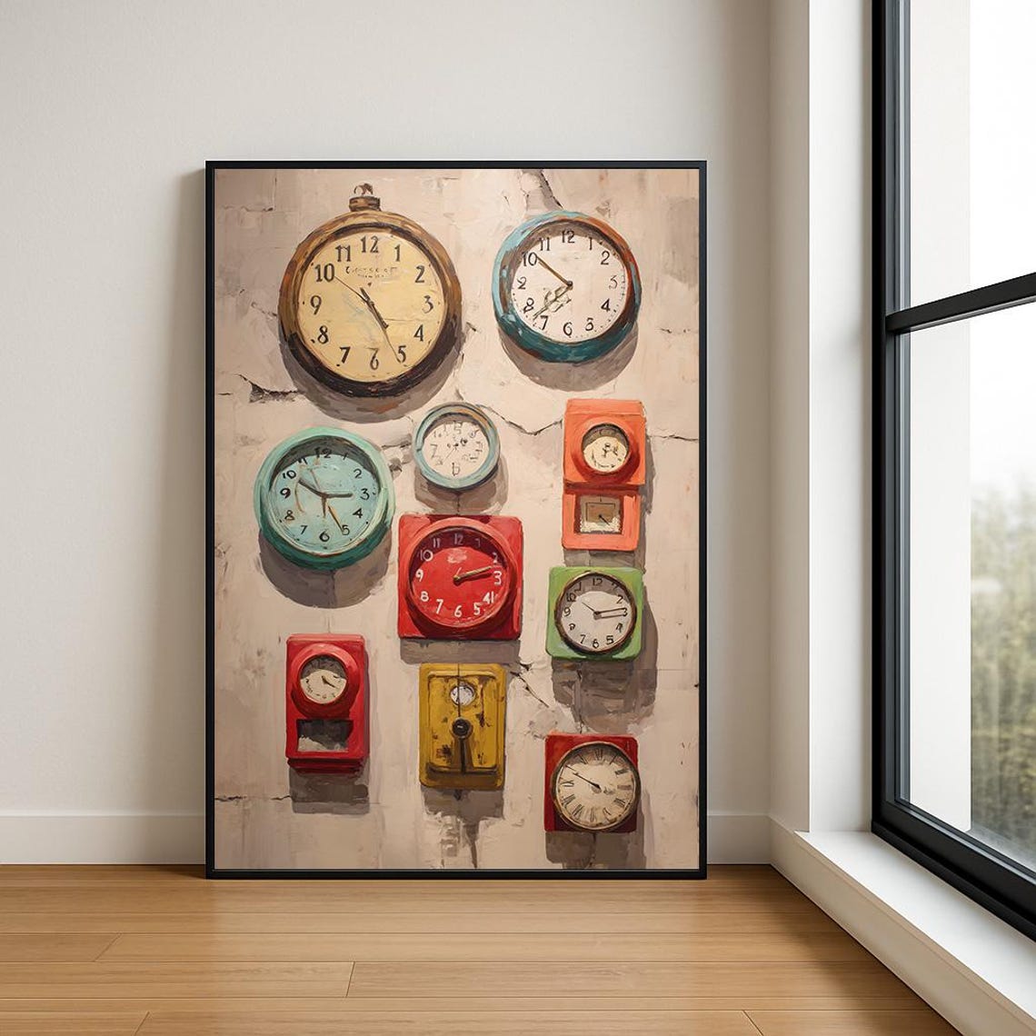 Vintage Clock Collage Brass Teal Red Retro Timepiece Wall Art