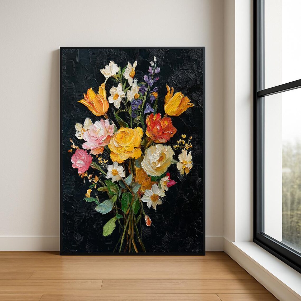 Colorful Flower Bouquet Black Background Impasto Oil Painting Poster