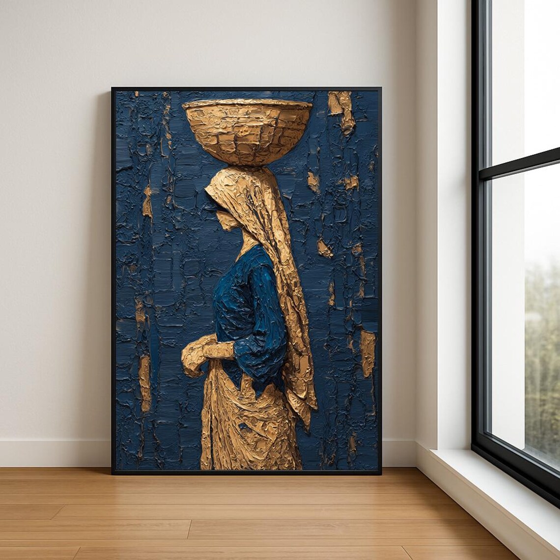 Blue and Gold Woman Carrying Basket Textured Navy Impasto Art Poster
