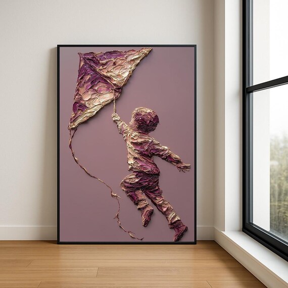 Boy With Marbled Kite Rose Tones Textured Relief Impasto Wall Art