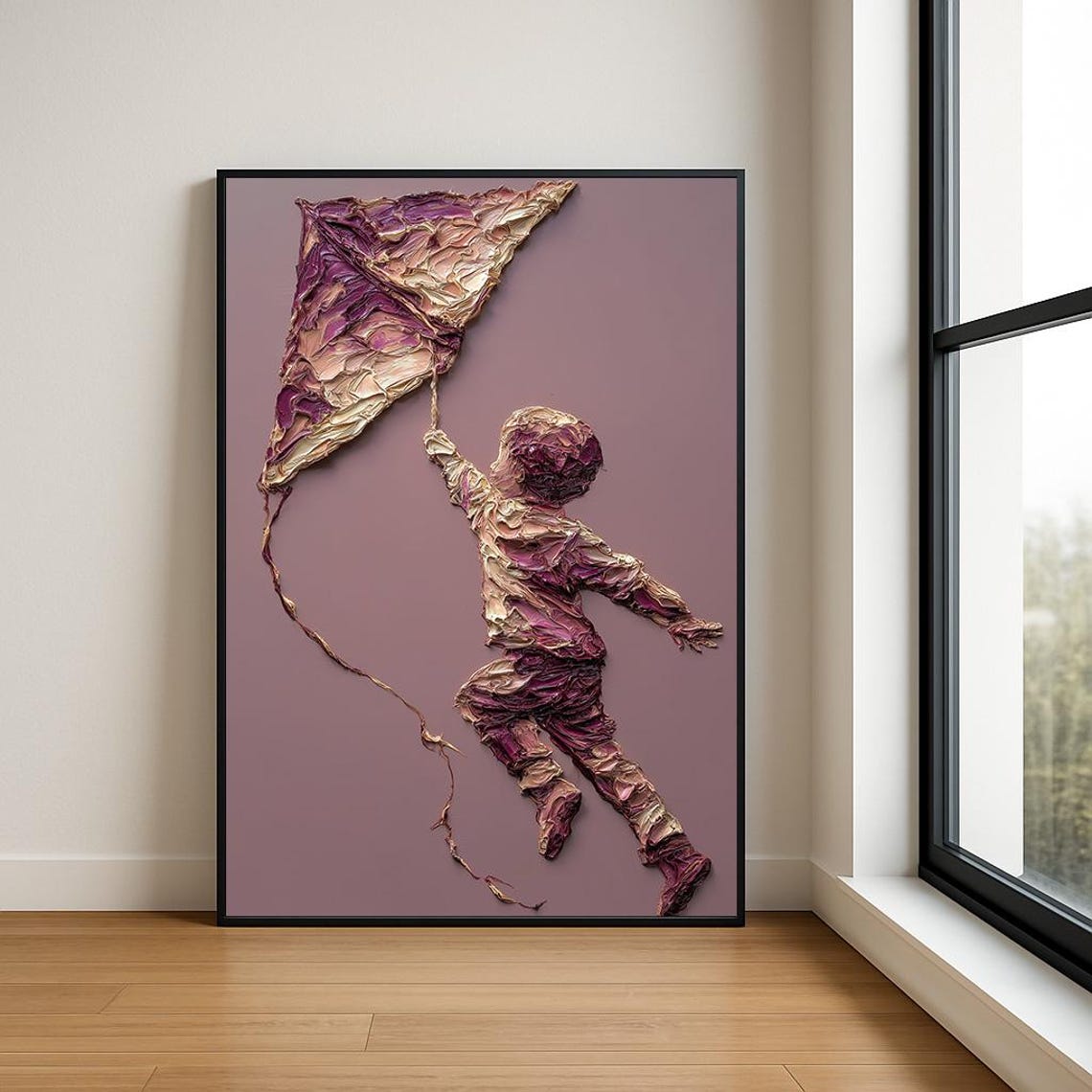 Boy With Marbled Kite Rose Tones Textured Relief Impasto Wall Art