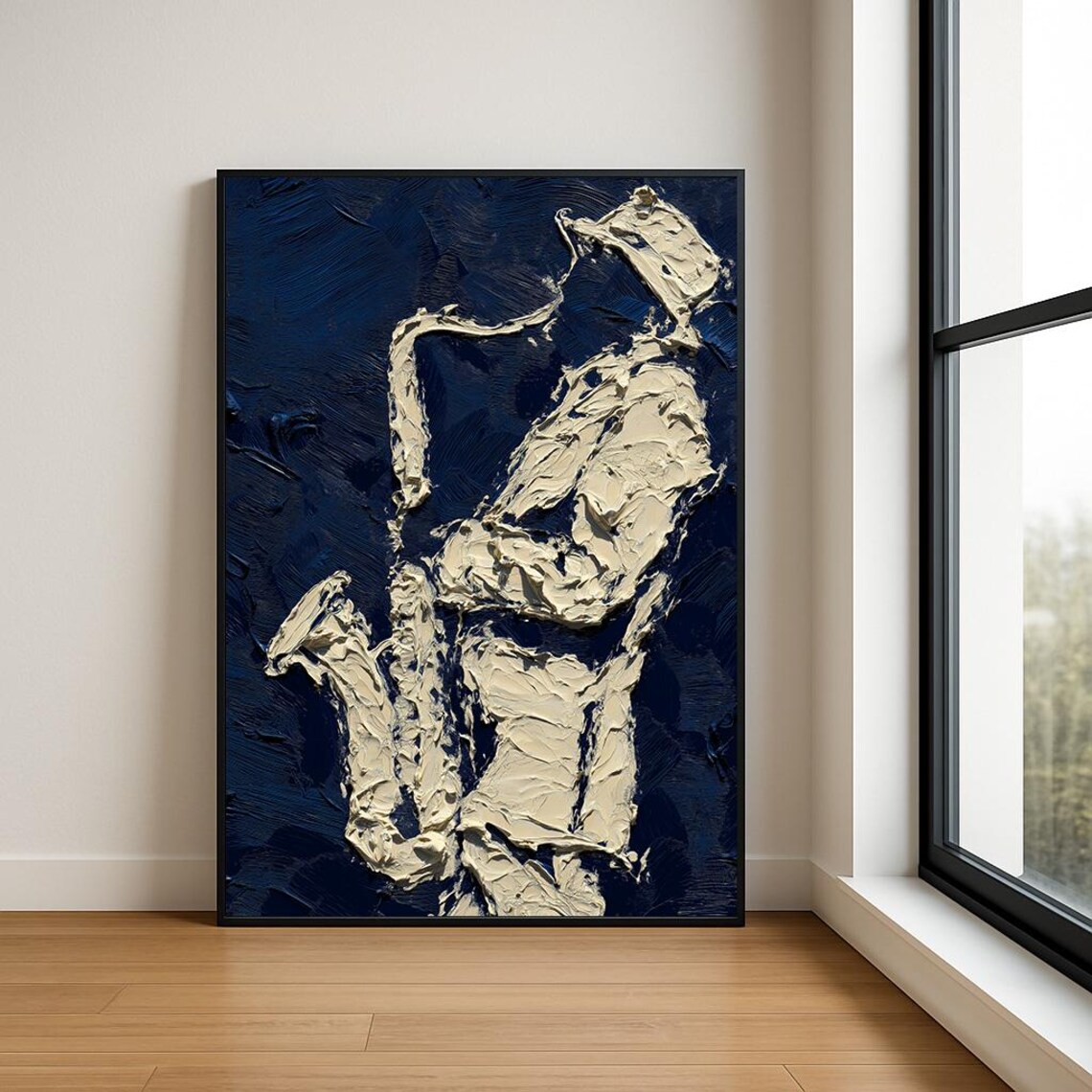 Saxophone Player Cream Navy Impasto Painting Abstract Jazz Wall Print
