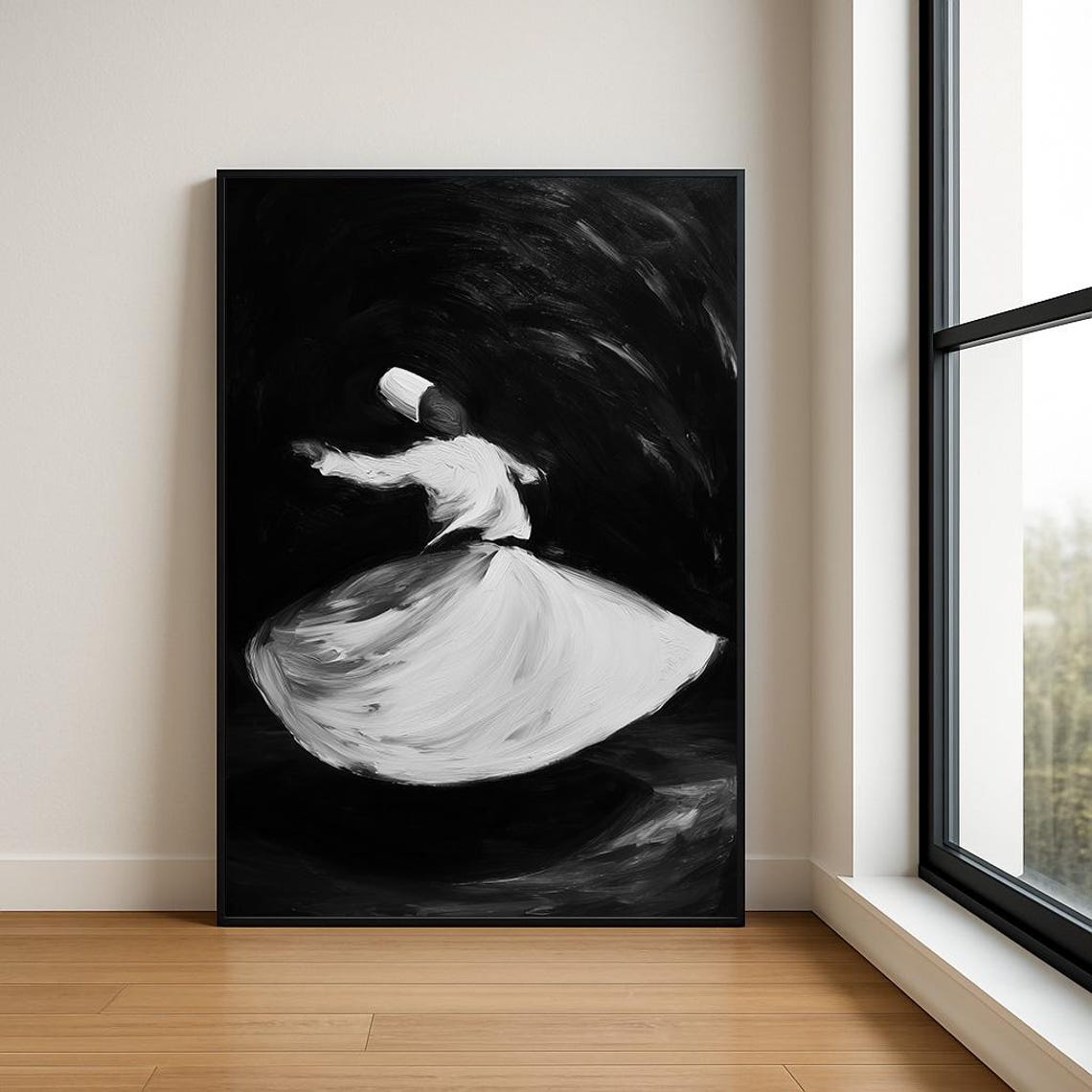 Whirling Dervish Black and White Expressive Brushwork Wall Art