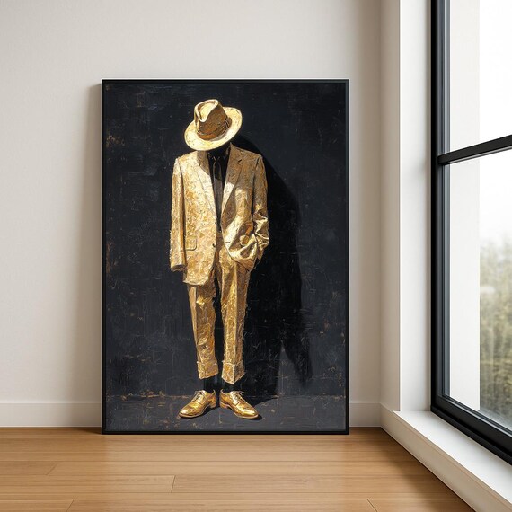 Modern Gentleman Abstract Oil Painting Suit Hat Wall Art Luxury Decor Print