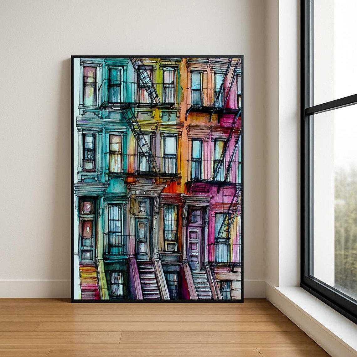 Rainbow New York Brownstone Facades Fire Escapes Watercolor City Poster