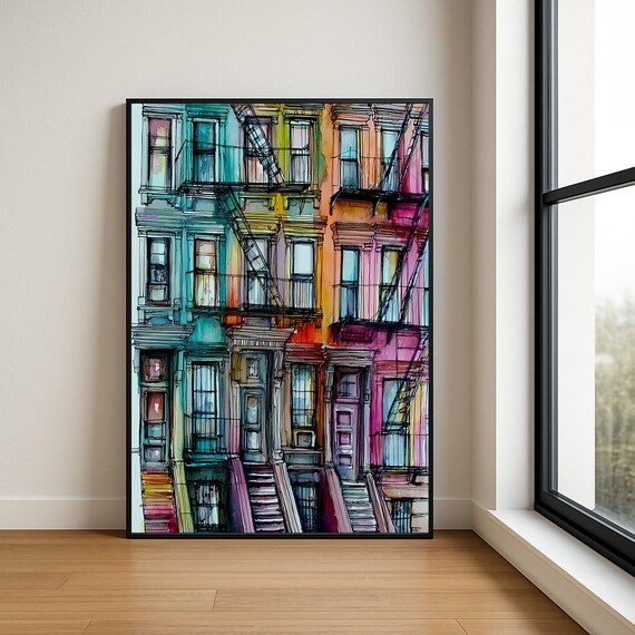 Rainbow New York Brownstone Facades Fire Escapes Watercolor City Poster