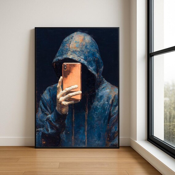 Hoodie Selfie Wall Art Print Modern Textured Oil Painting