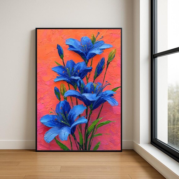 Blue Lilies on Coral Textured Impasto Floral Oil Painting Poster