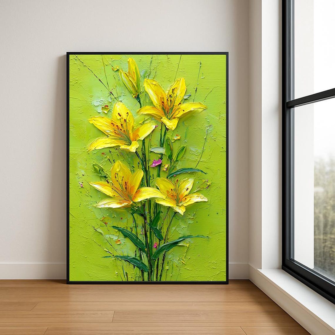 Yellow Lilies Lime Green Canvas Textured Impasto Floral Poster