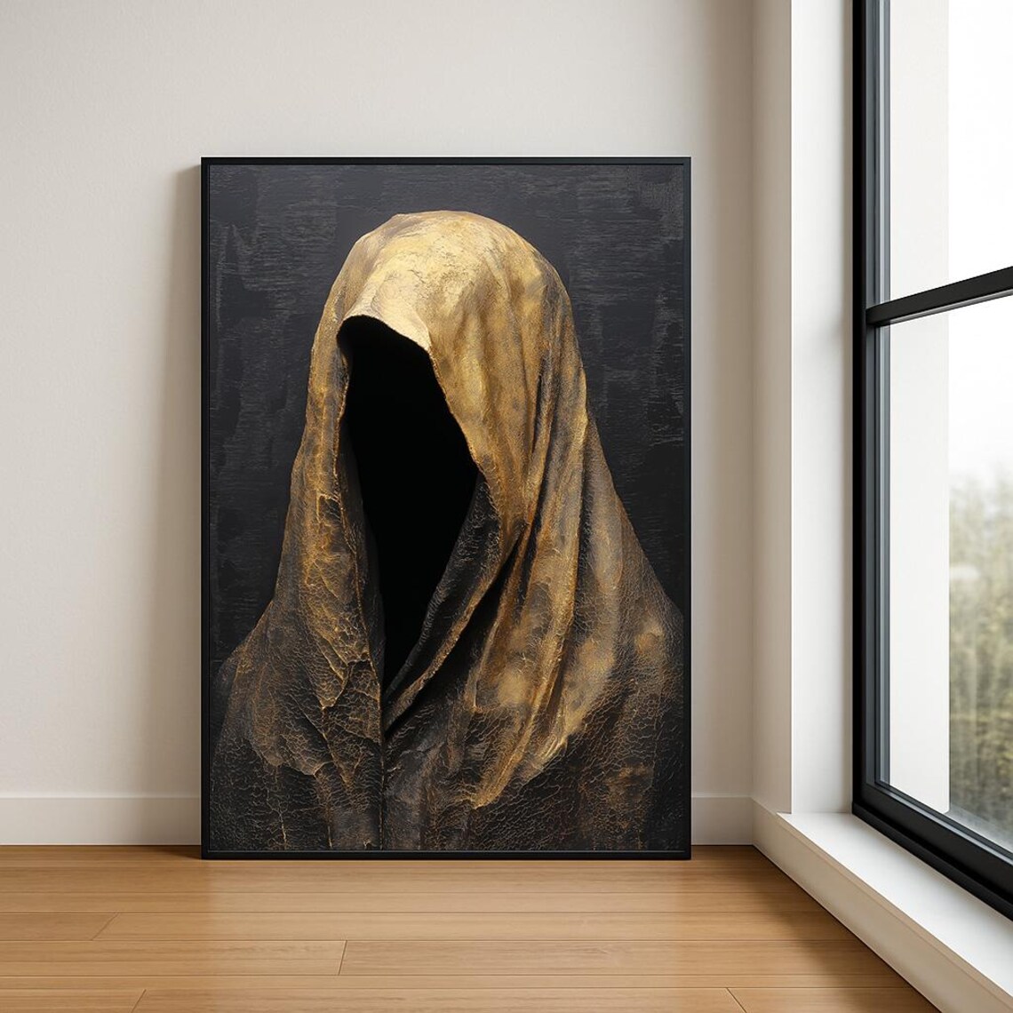 Golden Hooded Mysterious Figure Dark Abstract Oil Painting Poster