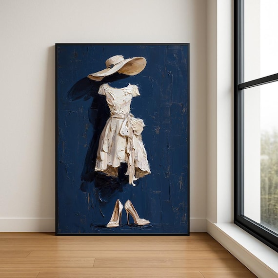 Elegant Lady White Gown Navy Blue Textured Fashion Art Poster