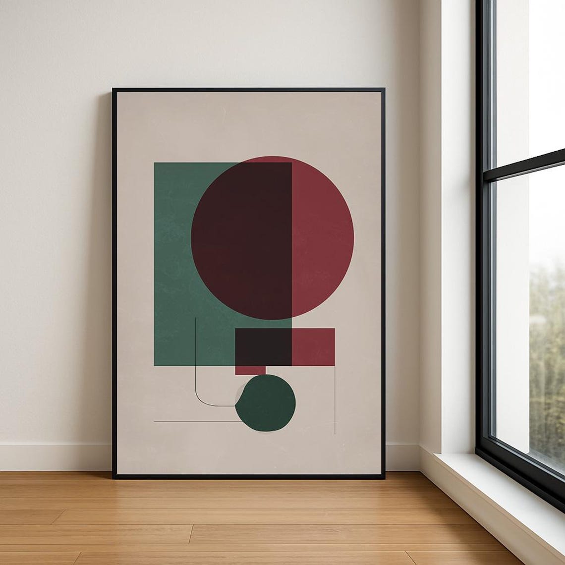 Bauhaus Burgundy Circle Teal Square Muted Geometric Abstract Wall Art