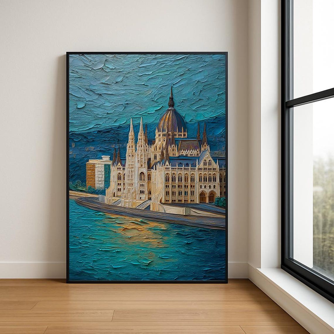 Budapest Parliament Building Teal Blue Impasto River Night Poster