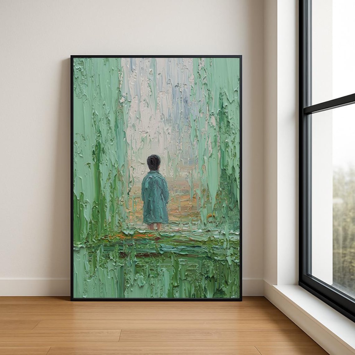 Child in Green Doorway Impasto Oil Painting Moody Figurative Poster