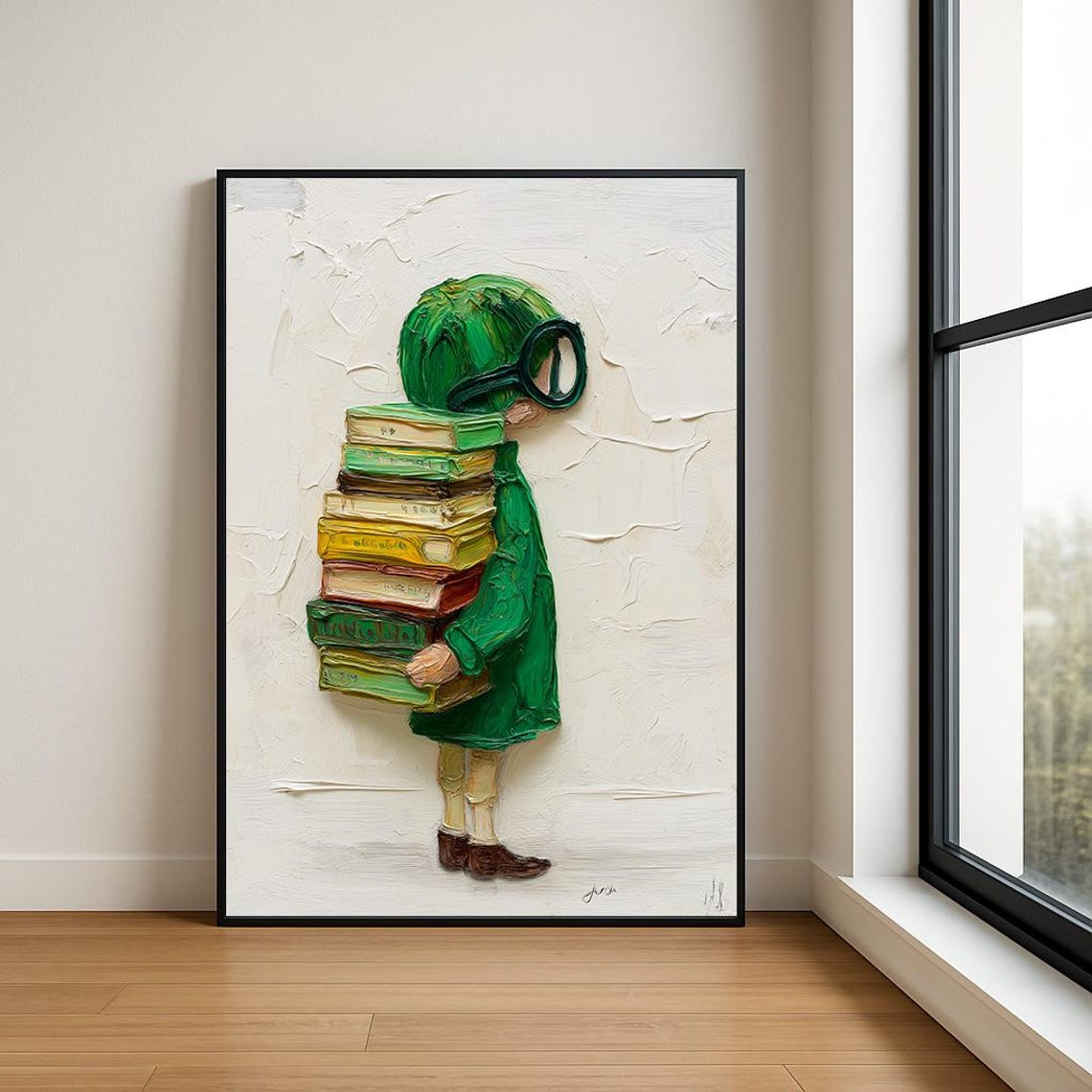 Green Boy Reader Side Profile Stack of Books Impasto Art Poster