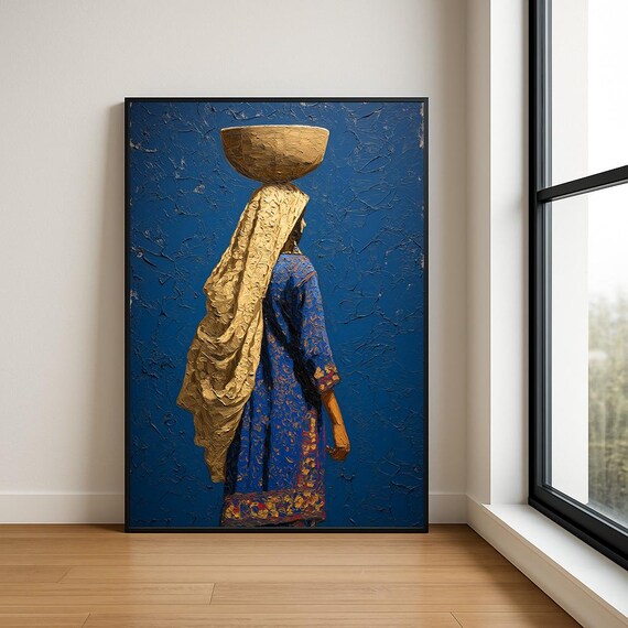 Woman Carrying Basket Blue and Gold Textured Oil Painting Art Poster