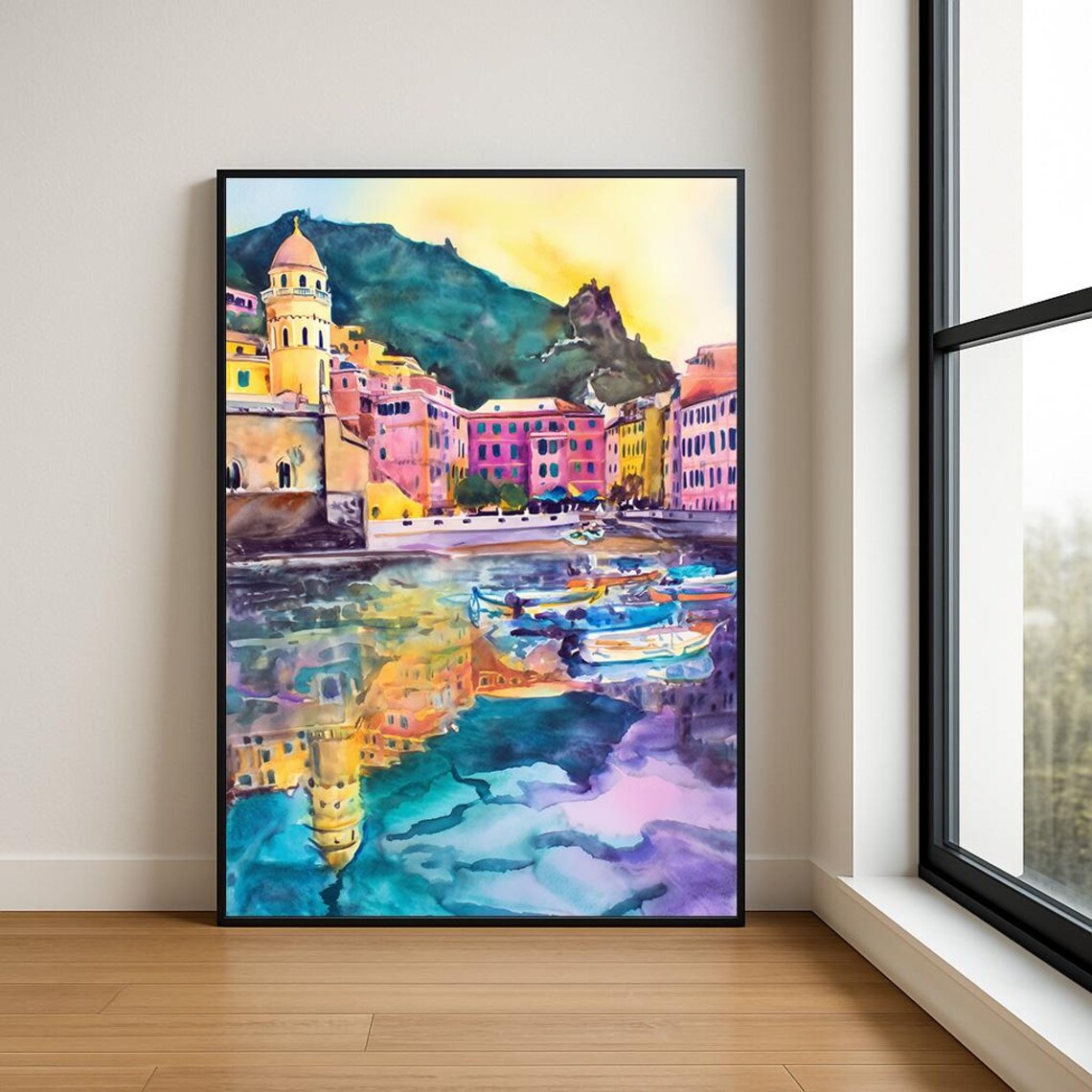 Turquoise Harbor Colorful Waterfront Village Watercolor Wall Art