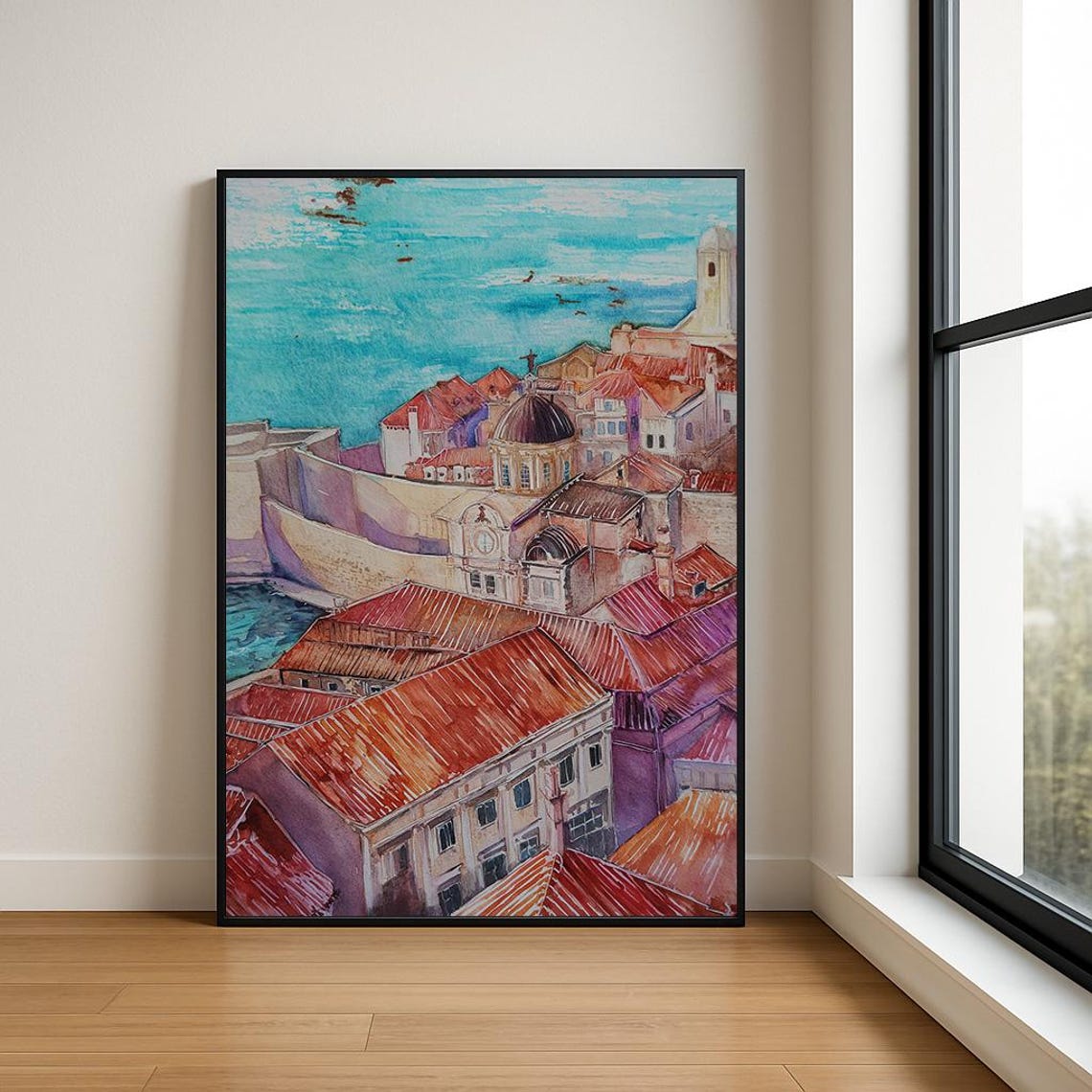 Ancient Walled Old Town Coast Red Tile Roofs Watercolor Art Poster