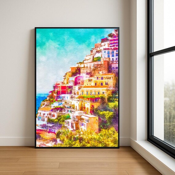 Positano Amalfi Coast Colorful Cliffside Village Watercolor Poster