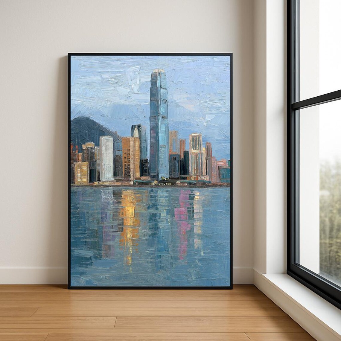 Hong Kong Harbor Steely Blue Impasto Cityscape Painting Poster