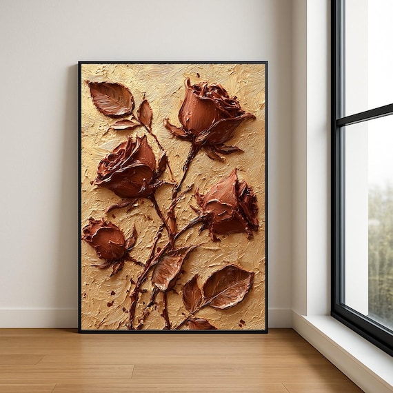Copper Roses Gold Impasto Floral Oil Painting Textured Wall Poster