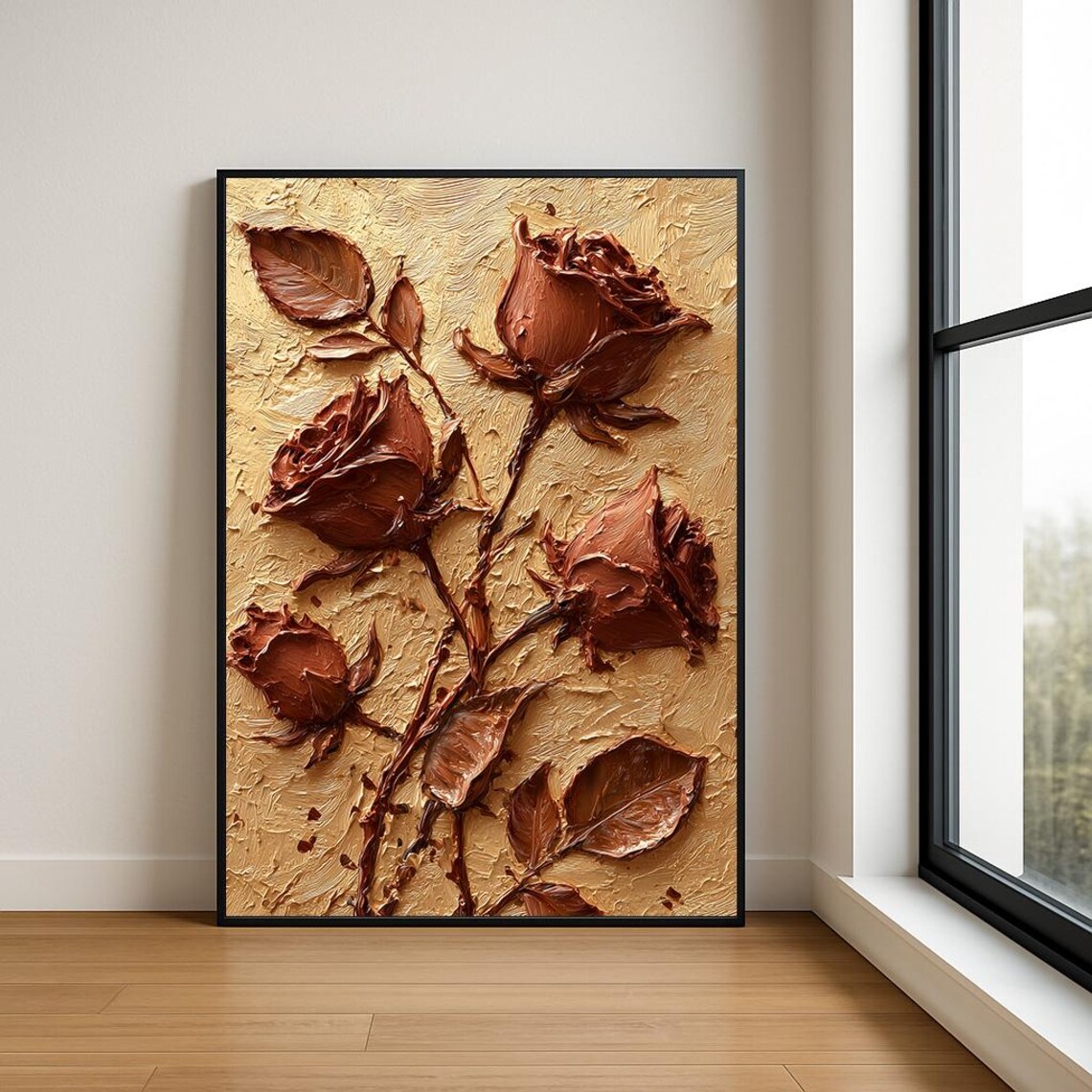 Copper Roses Gold Impasto Floral Oil Painting Textured Wall Poster