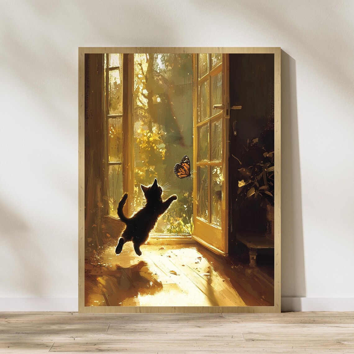 Black Cat In Sunlight Butterfly Art Print