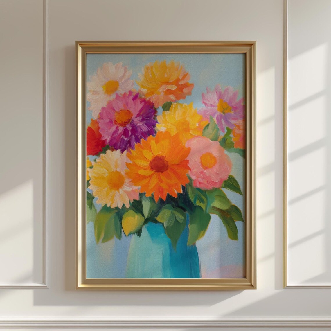 Colourful Zinnia Flower Bouquet Painting Blue Vase Still Life Poster