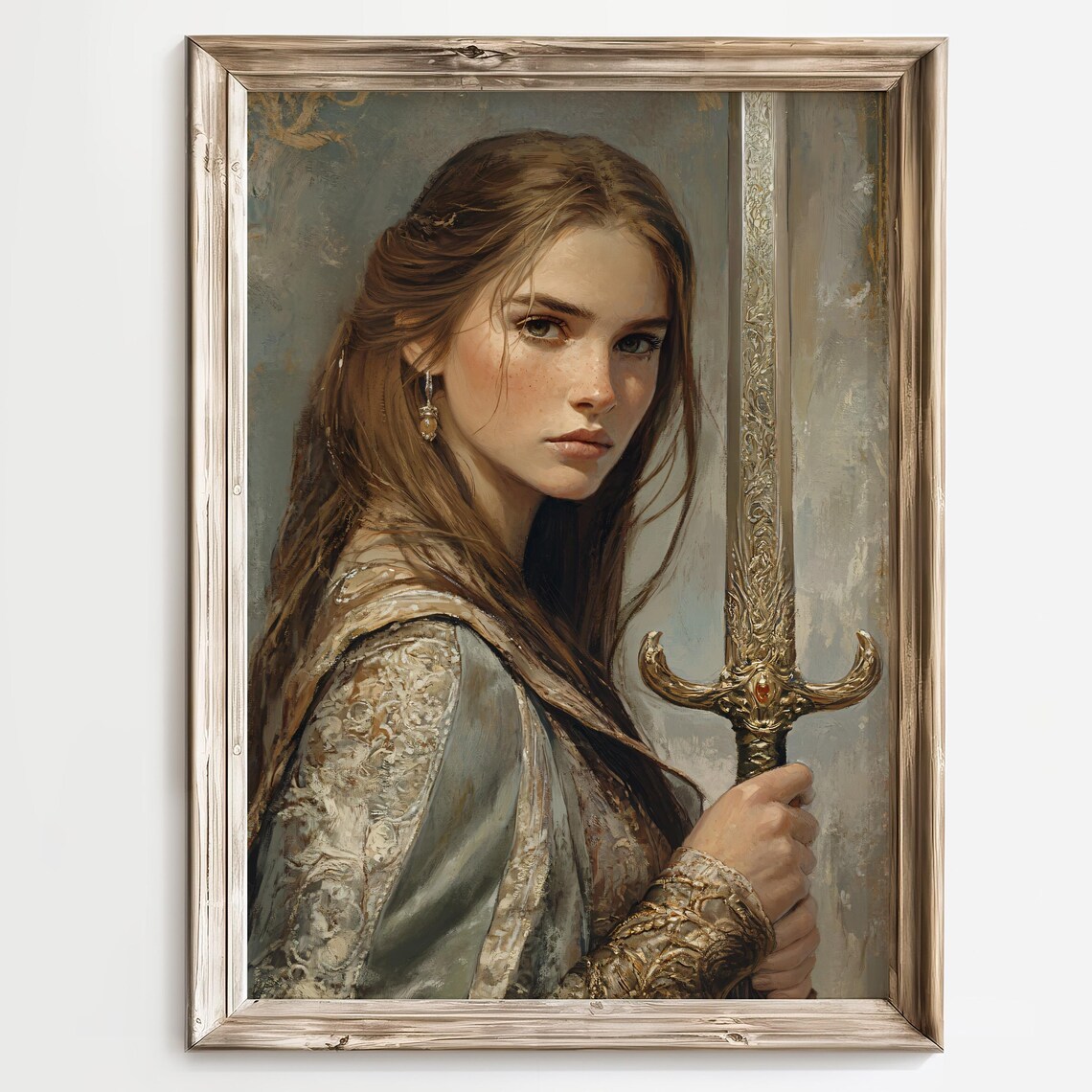 Brave Warrior Woman Holding an Ornate Golden Sword Fantasy Poster - Image 2