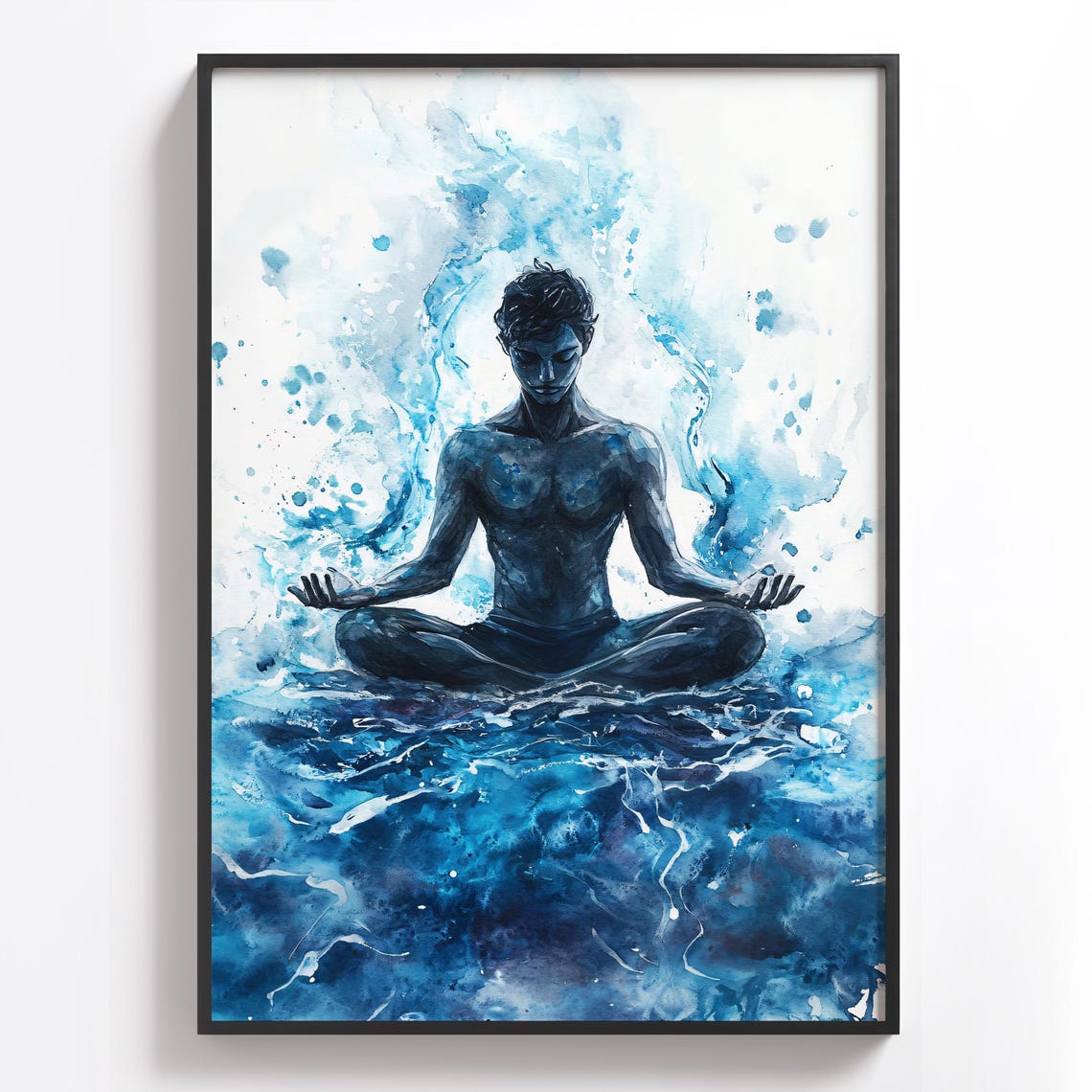 Blue Watercolor Meditating Figure Zen Mindfulness Yoga Scene Poster
