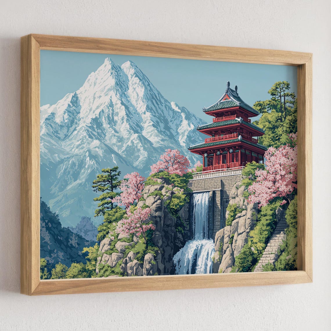 Japanese Red Pagoda Above a Waterfall with Snowy Mountain Poster - Image 3