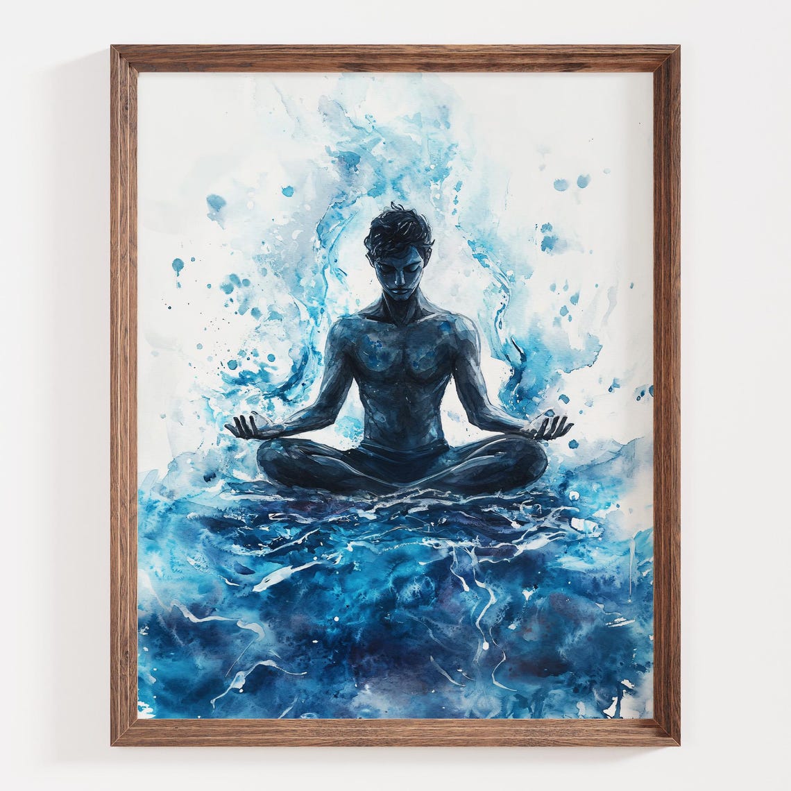 Blue Watercolor Meditating Figure Zen Mindfulness Yoga Scene Poster - Image 4